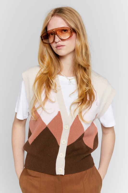 Mina Button Up Cashmere Vest Autumn Argyle