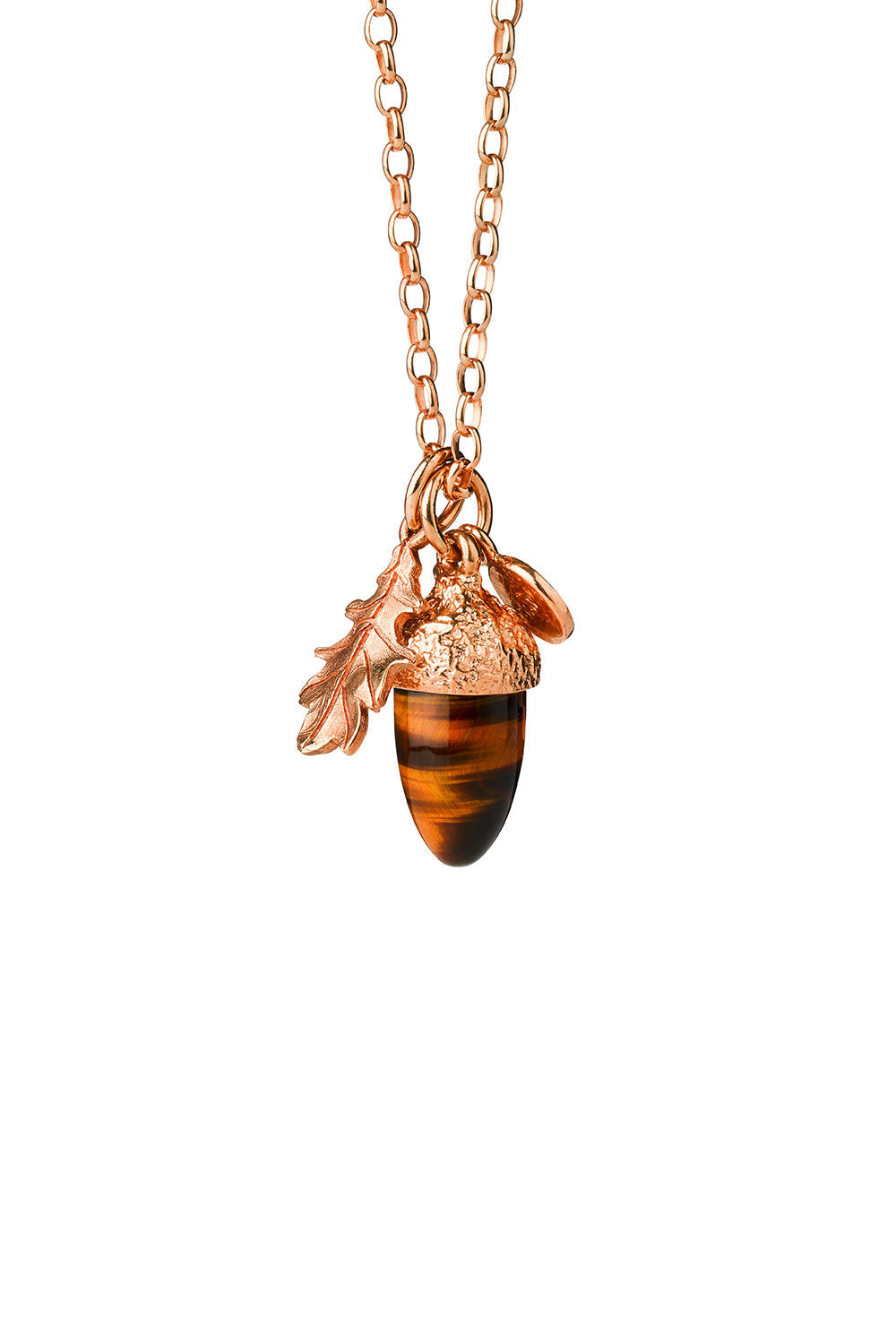 Acorn & Leaf Pendant Rose Gold with Tiger's Eye