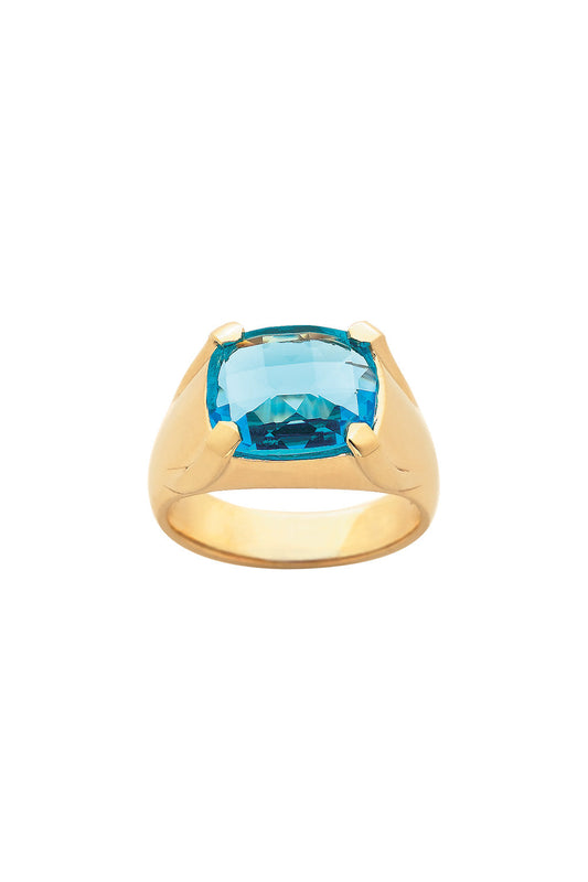 Chequerboard Ring 12 x 10mm Gold & Blue Topaz