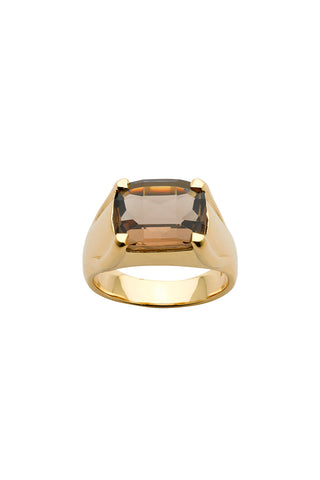 Chequerboard Ring 12 x 10mm Gold & Smoky Quartz