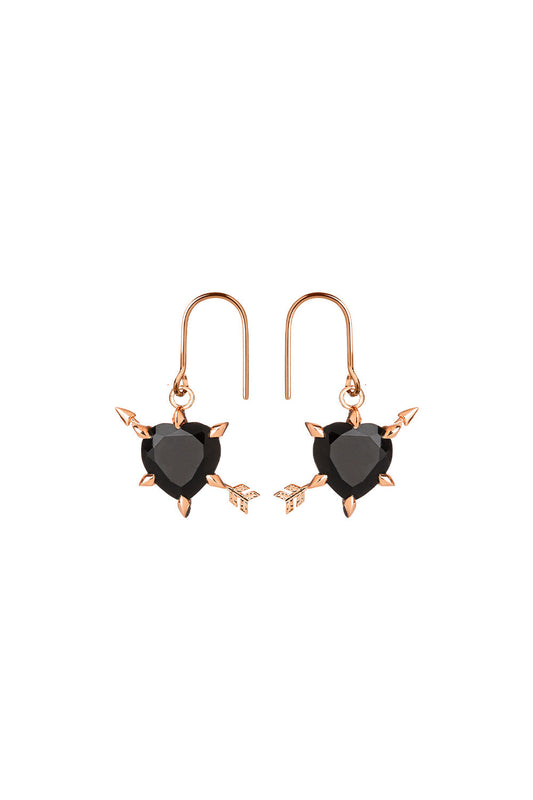 Cupid's Arrow and Heart Earrings Rose Gold Onyx