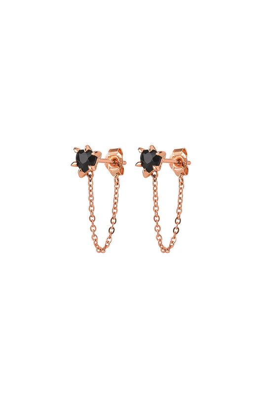 Cupid's Heart and Chain Studs Rose Gold Onyx