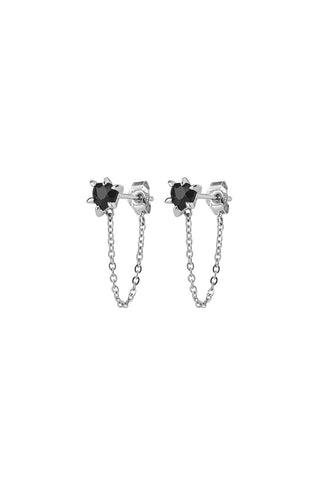 Cupid's Heart and Chain Studs Silver Onyx