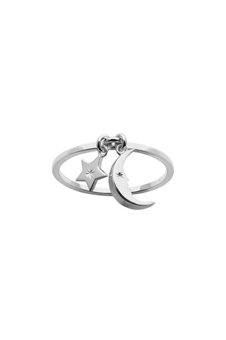 Moon and Star Charm Ring Silver