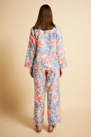 Ornamental Floral Full Length PJ Set Cerulean Blue