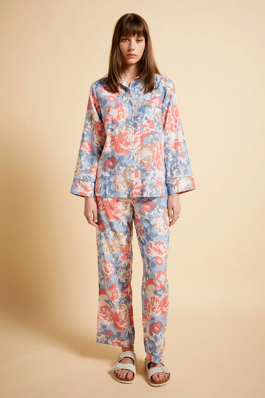 Ornamental Floral Full Length PJ Set Cerulean Blue