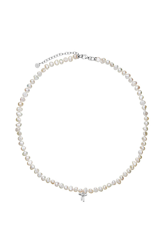 Petite Bow with Pearls Necklace Silver