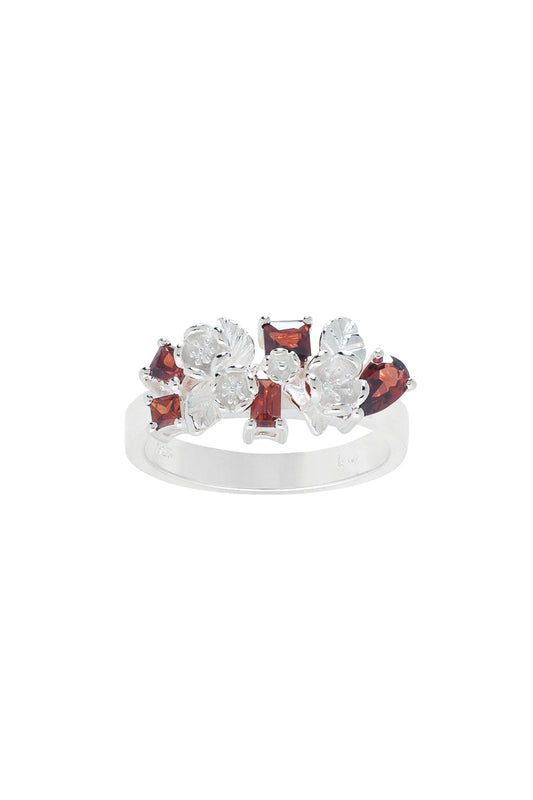 Rock Garden Flowers Ring Silver & Garnet